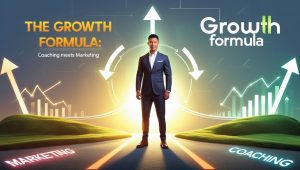 "A confident business owner standing at a crossroads labeled 'Marketing' and 'Coaching', with a glowing path marked 'Growth Formula' leading toward upward arrows and digital icons, symbolizing scalable business growth through coaching and marketing."